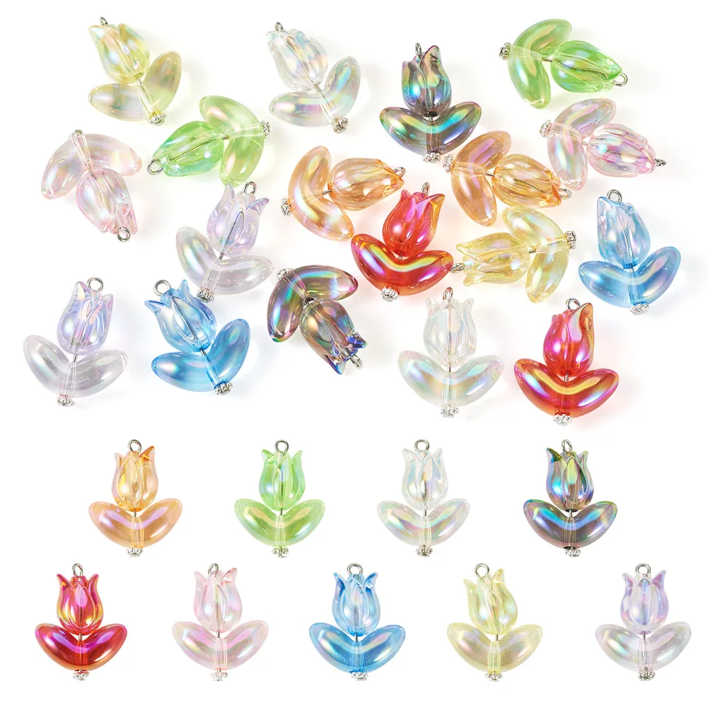 1 Set Acrylic Tulip Flower Pendants with Leaf For DIY Jewelry Making Handmade Earring Necklace Bracelet Accessories Crafts