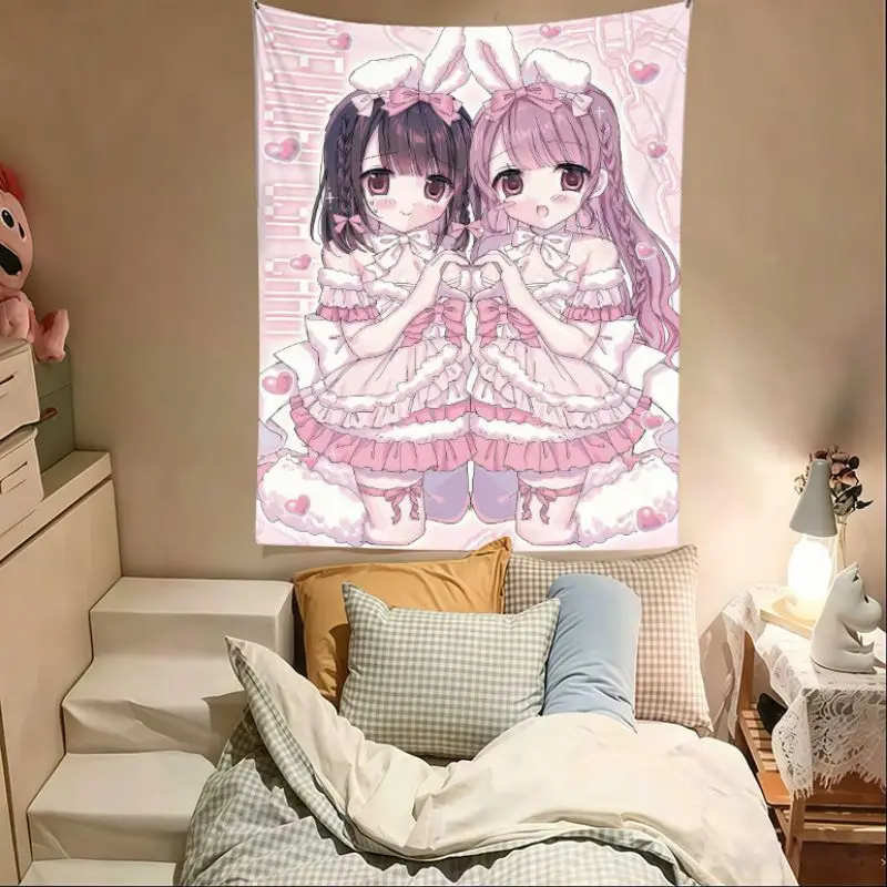 VIKAMA Anime Bunny Ear Lolita Tapestry, Sweet Style Manga Wall Hanging, Bedroom Wall Decor, Kawaii Japanese Style Backdrop