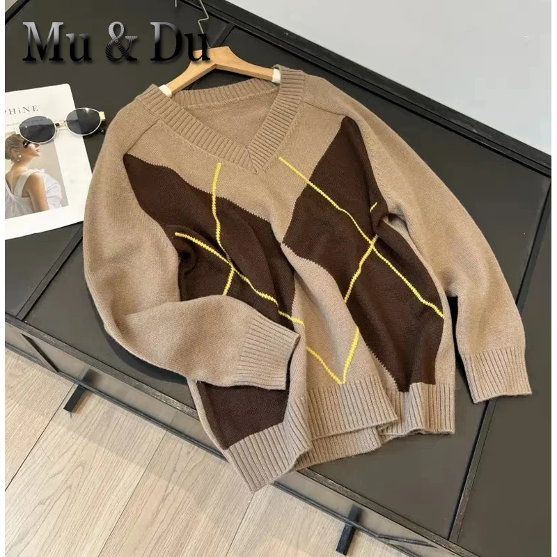 Winter 2026 New Women's Long Sleeve V-Neck Sweater Diamond Pattern Knitwear Loose Casual Fashion Ladies' Knitted Pullover Top