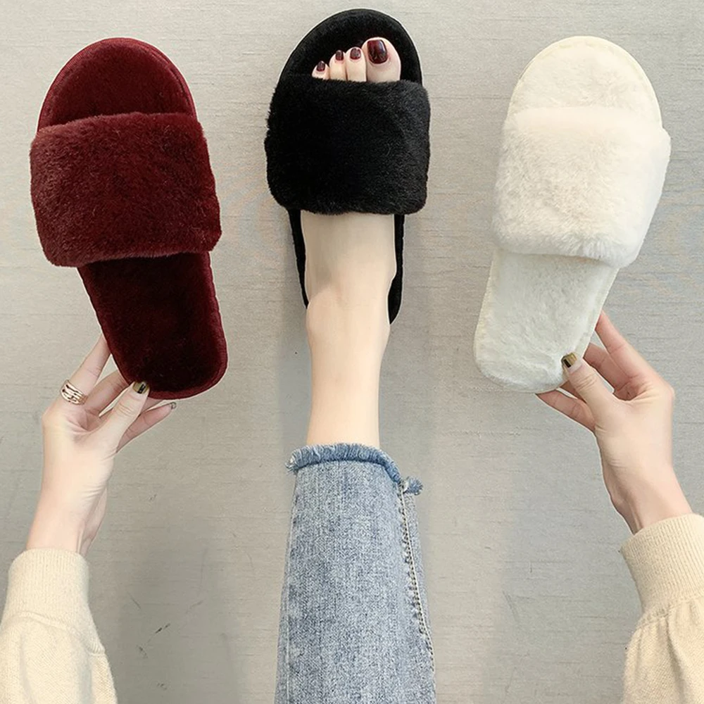 Fashion Plush Furry Women Slippers Winter Plush Fluffy Shallow Mouth Indoor Outdoor Flip-flop Casual Bedroom Slippers Flat Shoes