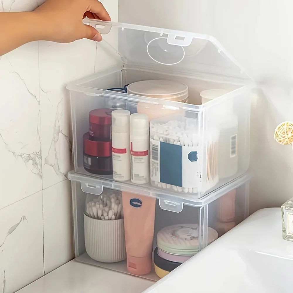 Caixa de Armazenamento Plástica Grande e Transparente - Empilhável para Materiais de Escritório/Arquivos, Ideal para Casa/Escola/Escritório, Retangular, Design Visível