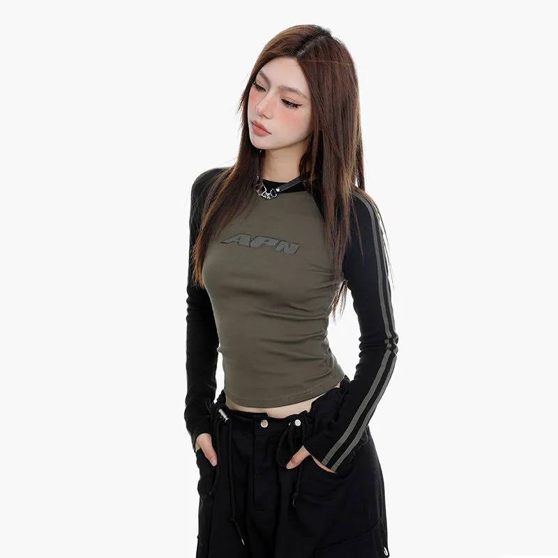 STSVZORR Y2K Vintage Long Sleeve Raglan T-shirt Women's Spring and Autumn Tight Fit T-shirt Short Top