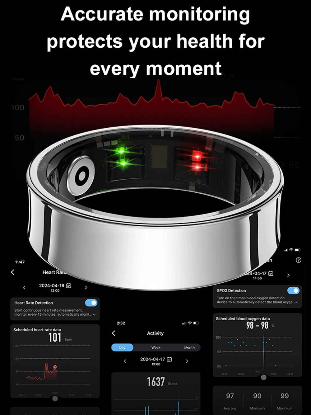 Anel inteligente de fitness com estojo de carregamento, anéis de saúde para monitoramento de temperatura da pele e frequência cardíaca para homens e mulheres