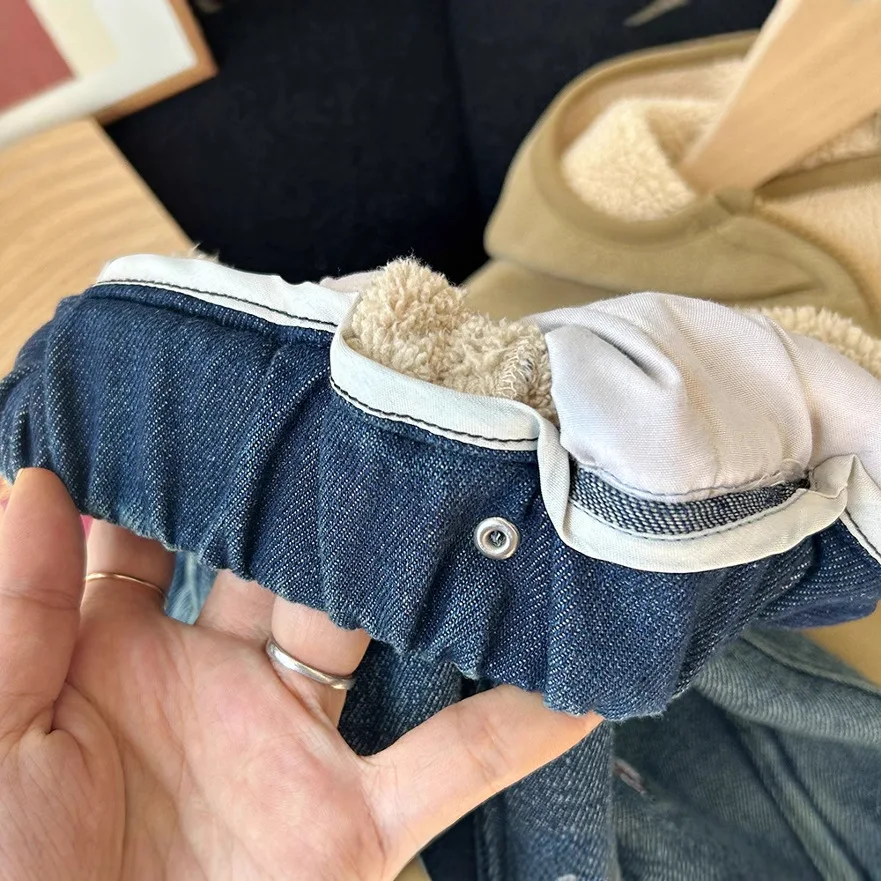 Fleece Thickening Boys Denim Pants Teen Girls Jeans Trousers Elastic Waist Winter Children's Clothes