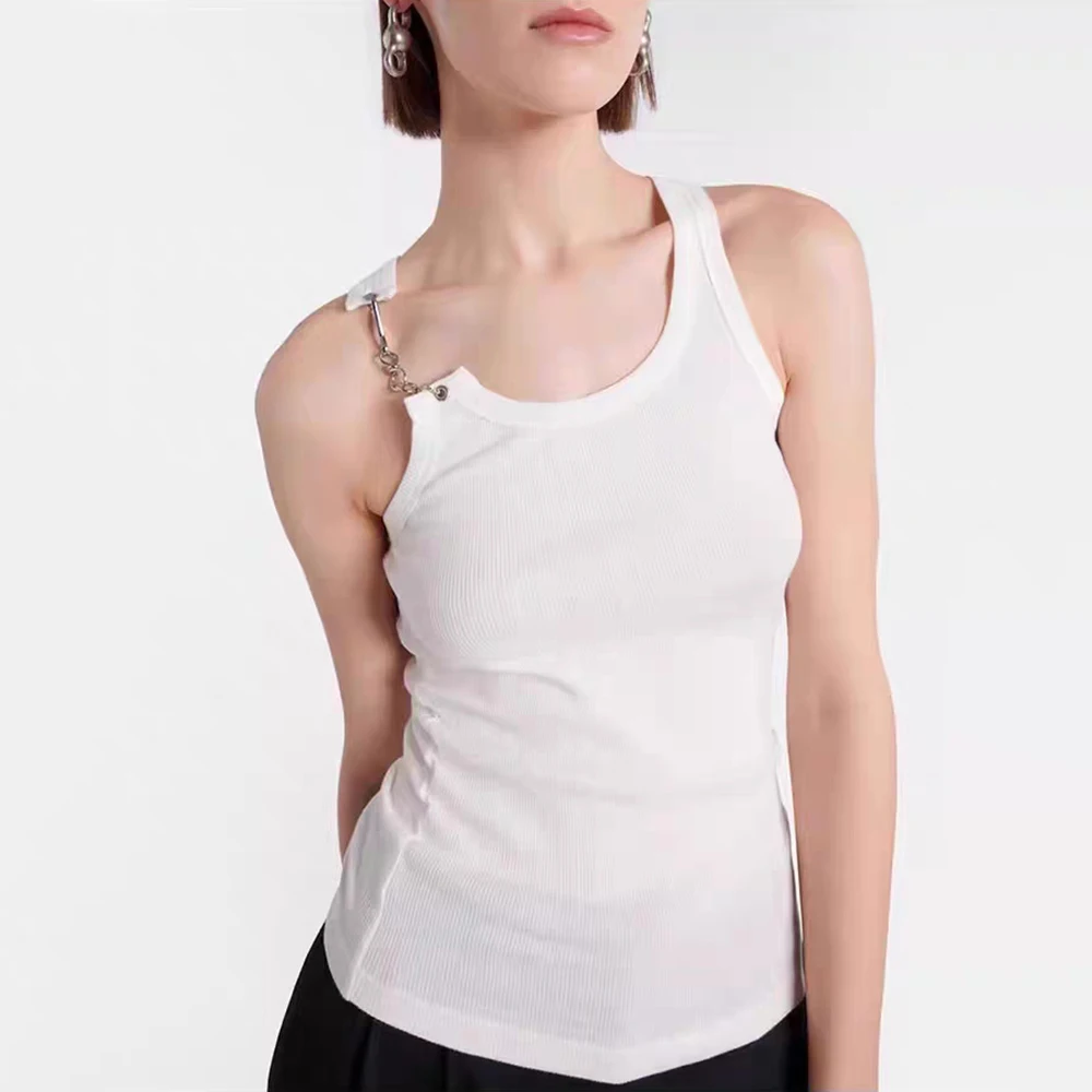 

Cotton Blend Women's Vest Y2k Metal Chain Decoration Fashion Commuter Slim Hundred Round Neck Sleeveless Top 2024 Summer New