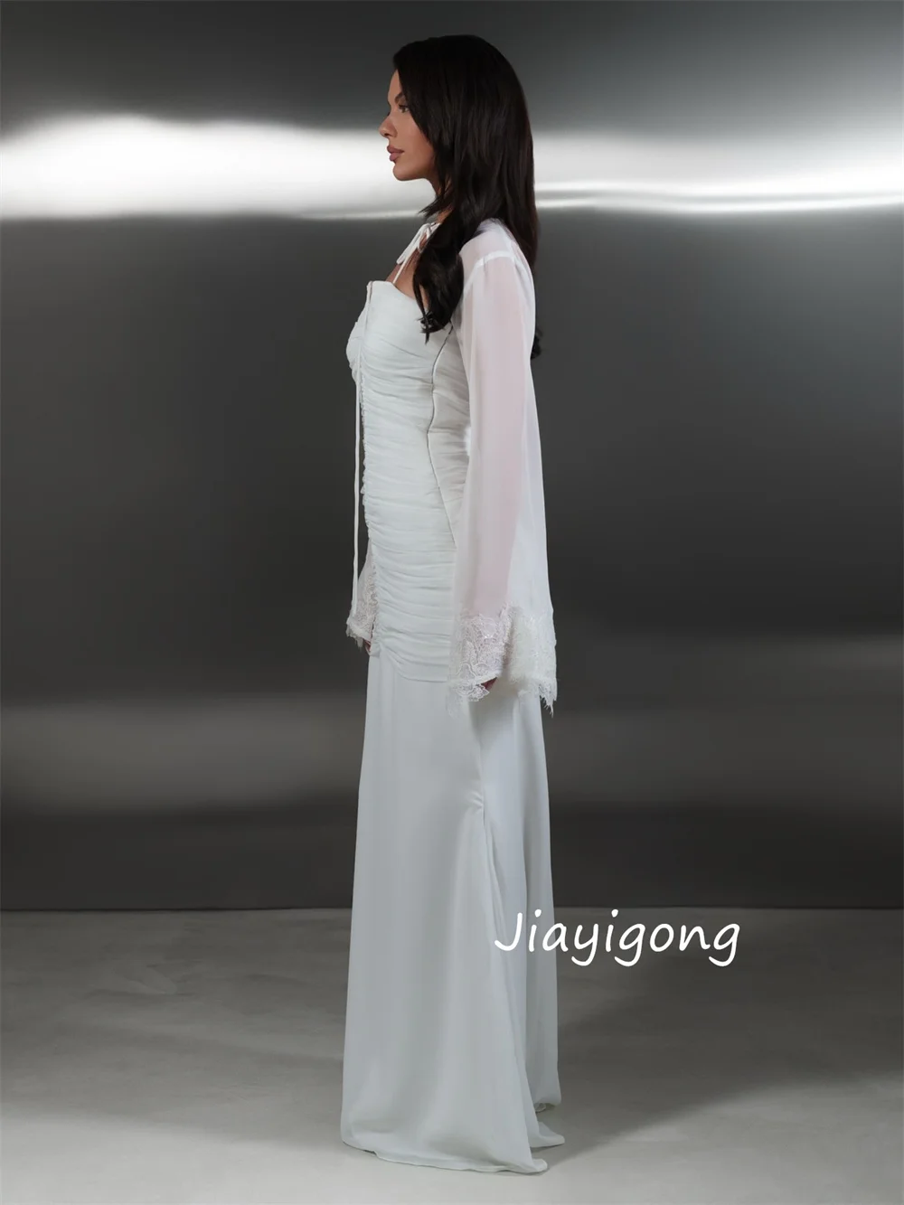 تخصيص النمط الصيني الشيفون الطية حورية البحر فساتين طويلة حمالة مفصل مناسبة حفلة موضة رائعة #4