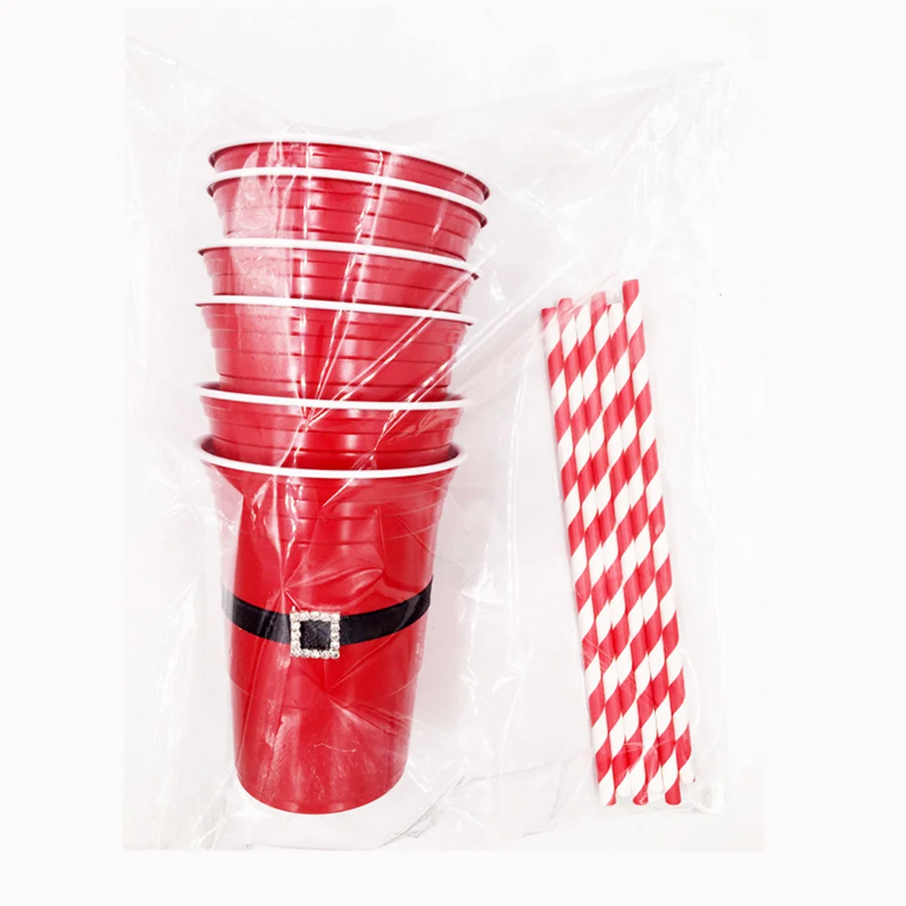 

12Pcs Christmas Plastic Cups Santa Belt Design Home Party Drinkware Set with Straw Durable Safe Food Grade Festive Atmosphere