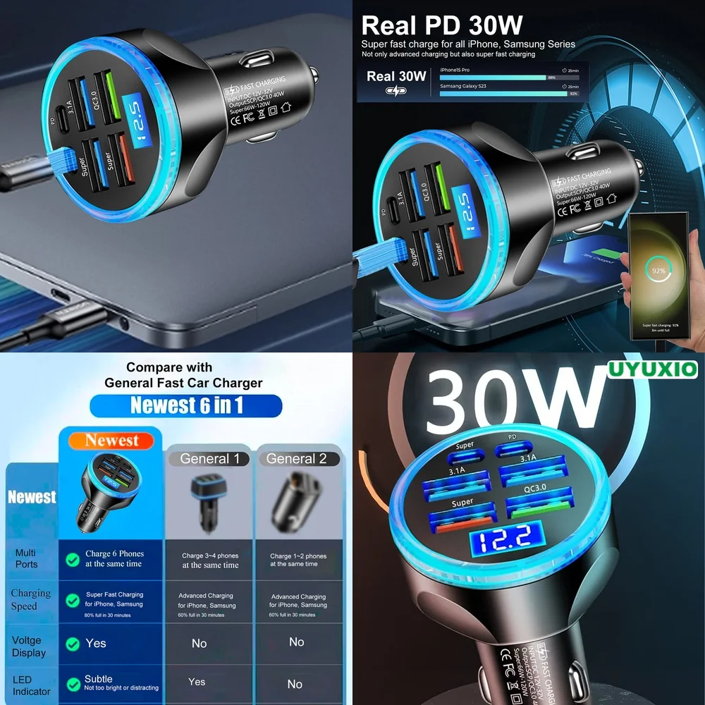 Carregador Veicular Inteligente com Chip IC, Carregamento Super Rápido PD 30W, Display Digital LED para iPhone 17 16 15 14 Pro Max Plus, 6 Portas