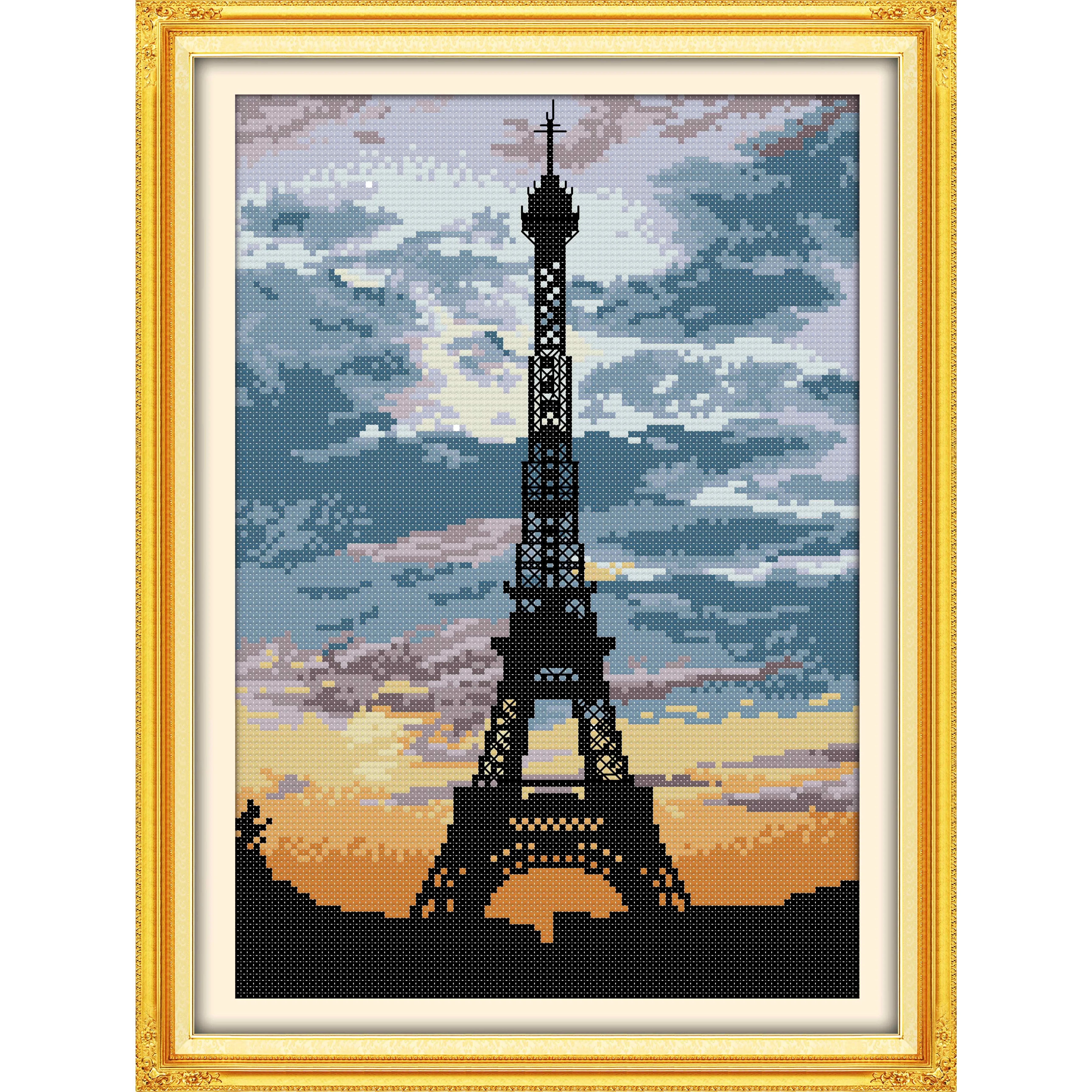 

Soulgift News Pre-Printed Cross Stitch Kit, Stamped Aida Fabric with DMC Threads, Embroidery kit - Iron Tower Twilight