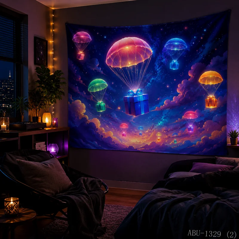 VIKAMA Dreamy Sunset Nebula Hot Air Balloon Gift Box Starry Sky Christmas Tapestry Background Hanging Cloth Living Room Decor