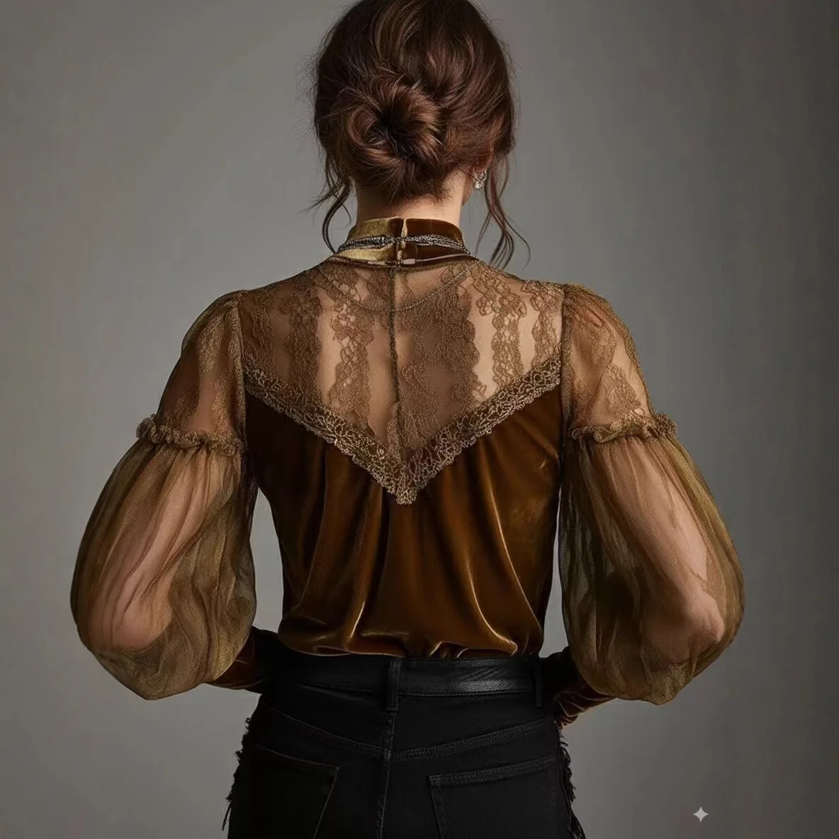 Fashion Women's Velvet Lace Splicing Lantern Long Sleeve Blouse High Neck Elegant Versatile Trendy Casual Commute Daily Wear Top - view 2