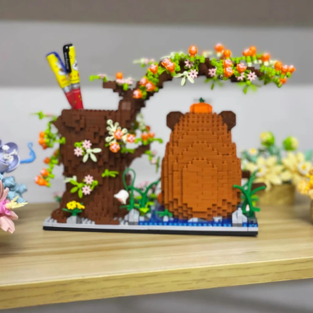 1880개 카피바라 블록 펜 홀더 DIY 블록 브릭 장난감 다기능 책상 정리함 동물 테마 데스크탑 장식