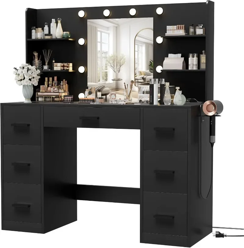 Furmax Vanity Desk with Mirror LED Lights and Power Outlet Makeup Vanity Table with 7Drawers and 6Storage Shelves Dressing Table