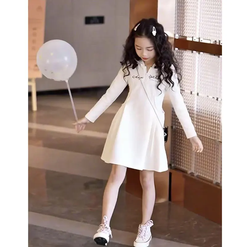 2026 autumn Kids girls white patchwork flounce golf letter Pleated hooded Dresses cotton Princess Children 4 5 7 8 10 11 12 Year