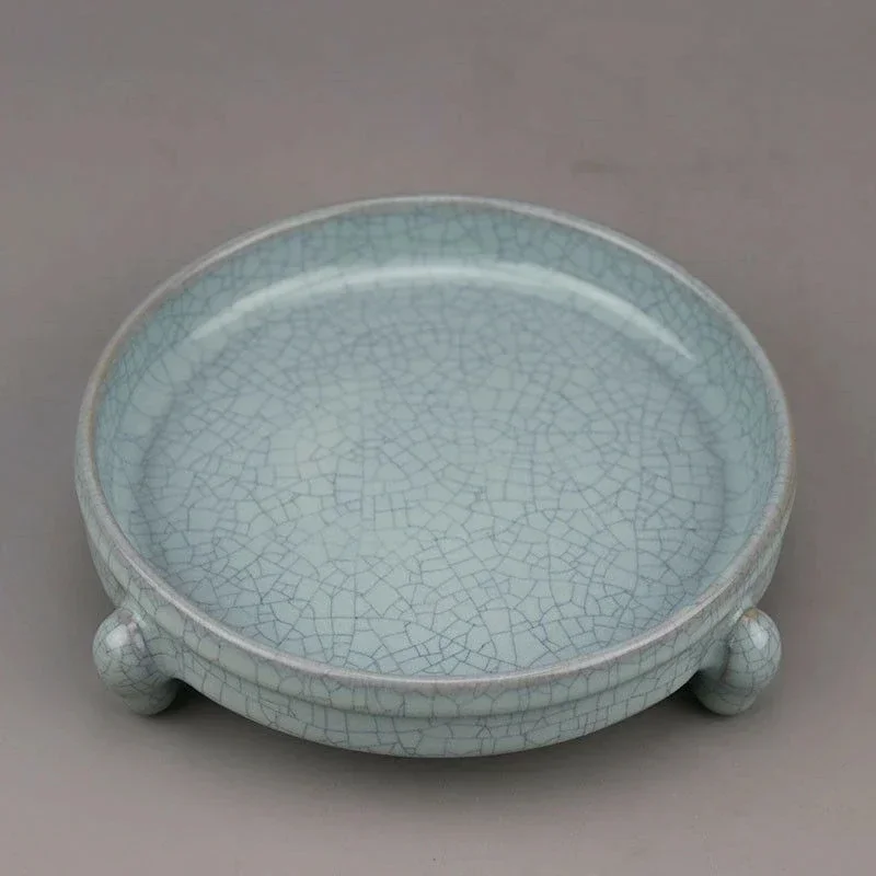 China Porcelain SONG RU Kiln Sky Cyan Glaze Crack Three Foot Brush Washer Plate