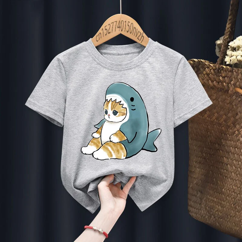 Nette Shark Katze Druck Rot Kind T-shirts Kinder Baby Schwarz Harajuku Kawaii Kleidung Junge Mädchen Tops Geschenk Präsentieren, drop Schiff