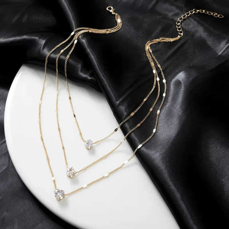 Multi-layer Five-pointed Star Heart Shape Water Drop Pendant Chain Necklace Alloy Material Glass Collarbone Chain Sexy Women's