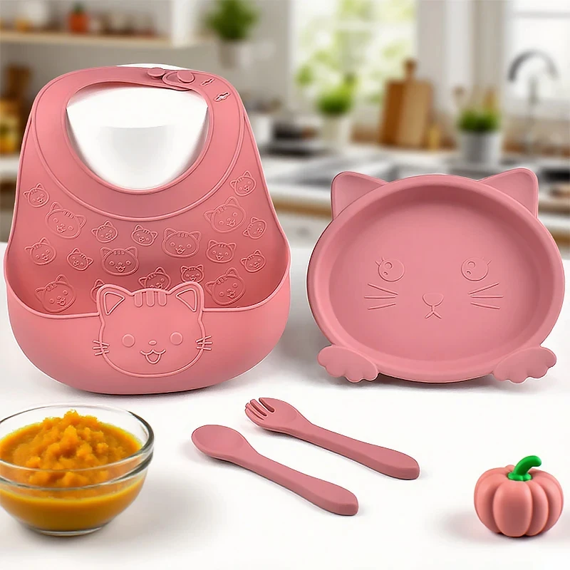 

4pcs Baby Feeding Set | Silicone Plate With Suction,Bib,Fork&Spoon | Infant Tableware BPA-Free Baby Dishes Set Dishwasher Safety