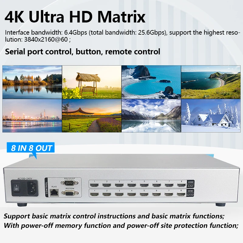 Matrix Switch compatível com HDMI, HDMI2.0, 8x8, 4K, 60Hz, HDCP2.2, Rack Professional, Splitter, 8 in, 8 out com HDMI, Audio, Video Switcher