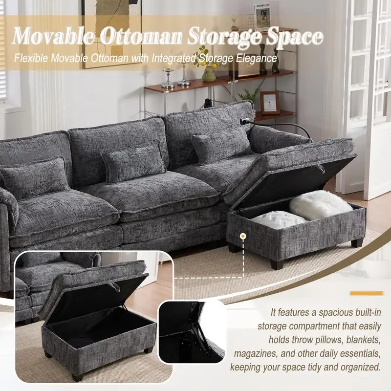 Sofa modułowa typu cloud couch do salonu, nowoczesna sofa w kształcie litery L z szenili, wygodny modułowy kanapowy zestaw do spania z ruchomymi elementami.