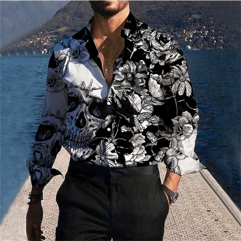 

2023 Long Sleeve Shirt Skull Floral Party Suit Lapel Button Geometric Gold Clear Pattern Soft Comfortable Men's T-Shirt Apparel