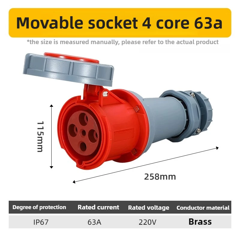 Three phase waterproof dust IP67 63A connector aviation 3-hole 4-core 5-core light and dark socket（4.2