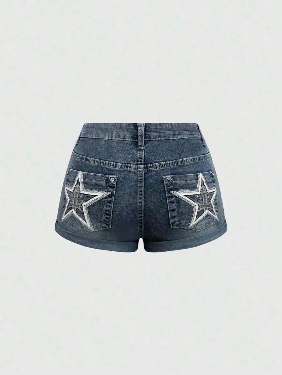 

Womens Y2K Star Embroidered Denim Shorts