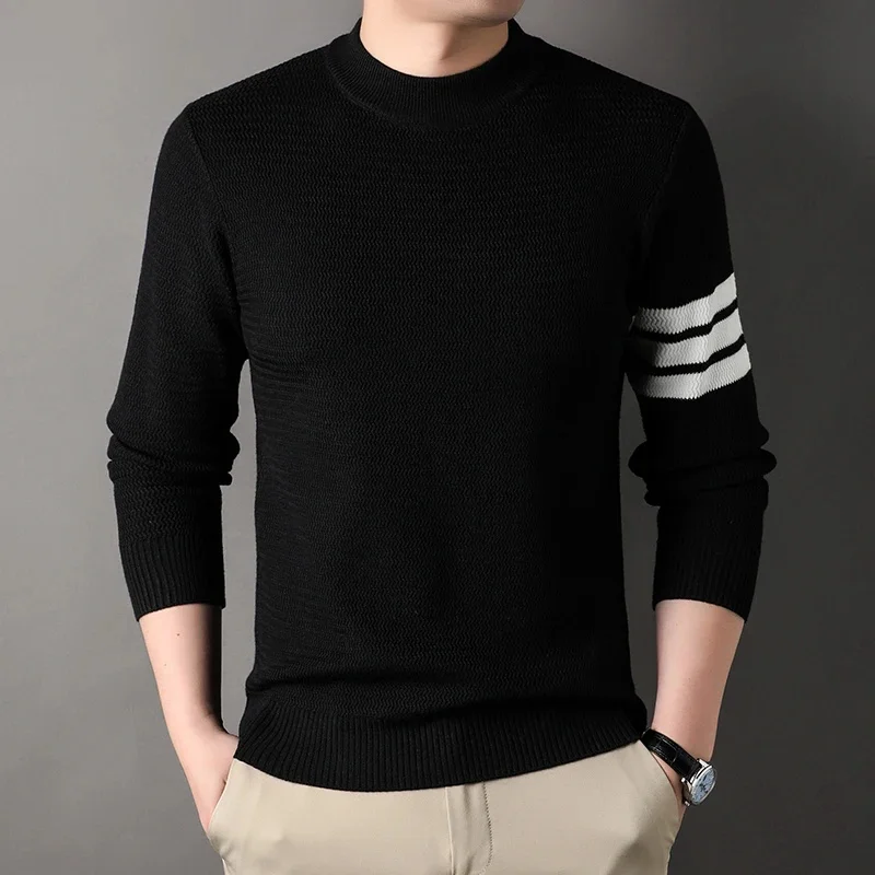 Winter Autumn round Neck Thickened Striped Sweater Korean Style Jacquard Casual Fashion Warm Keeping Bottoming Shirt Men