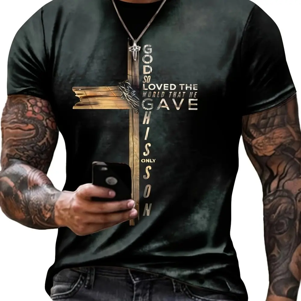 Cross Print Men's Graphic Design Crew Neck T-shirt Casual Tshirts For Summer Men's Clothing Tops For Daily Gym Workout Running image 6
