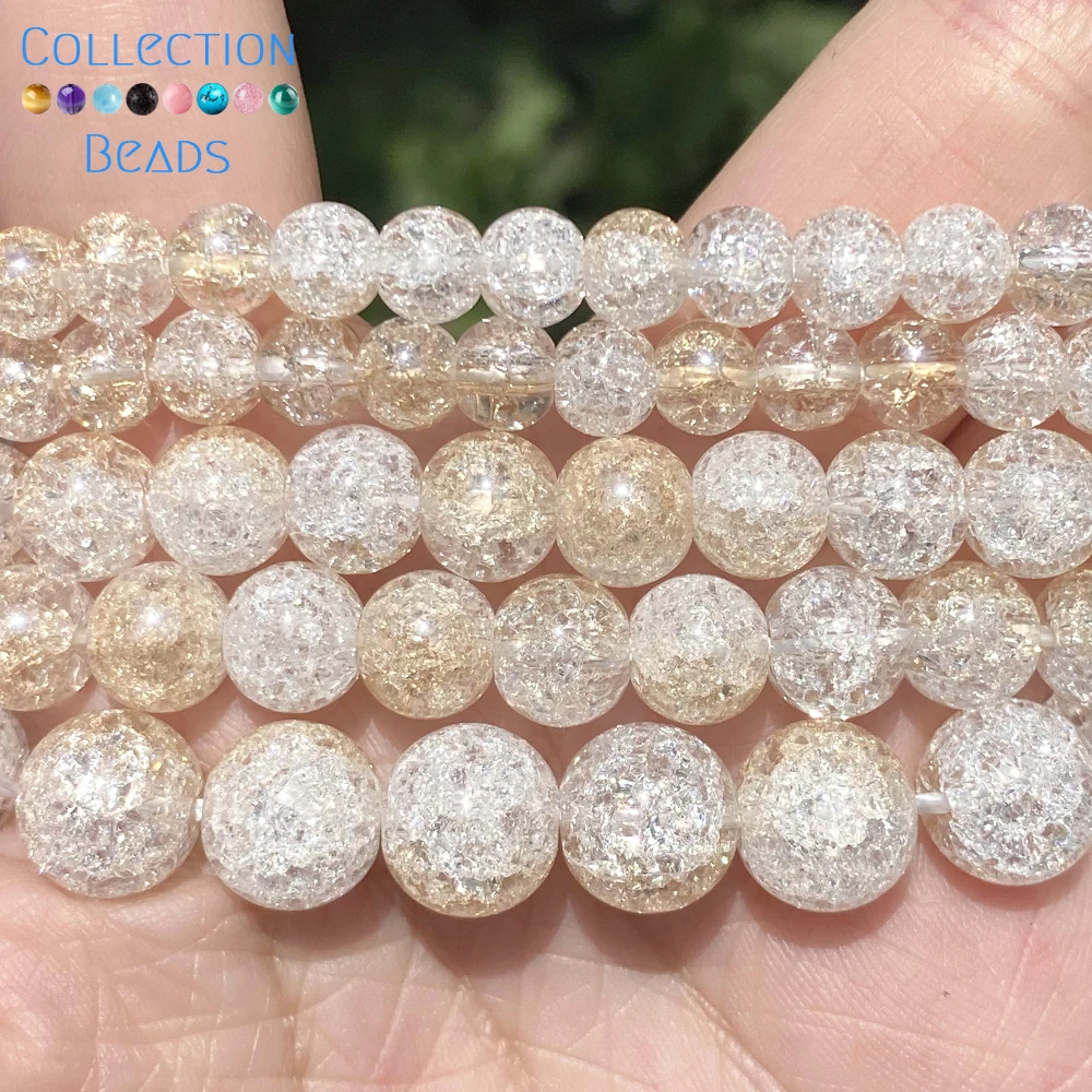 Natural Stone Beads 6 8 10 12mm Champagne Gold Plated Cracked Crystal Round Beads For Jewelry Making DIY Bracelet Necklace 15\'\'