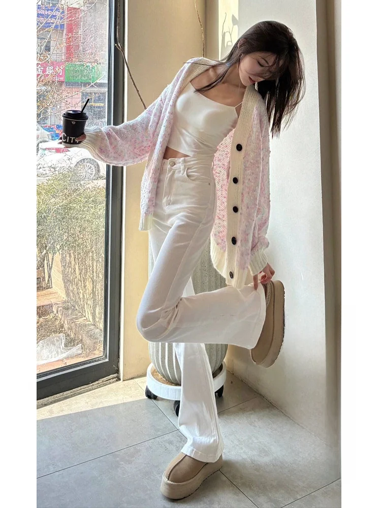 

Американские джинсы-клеш с высокой талией и подкладкой, женские, осенне-зимние, облегающие, длинные, драпирующиеся брюки-буткат