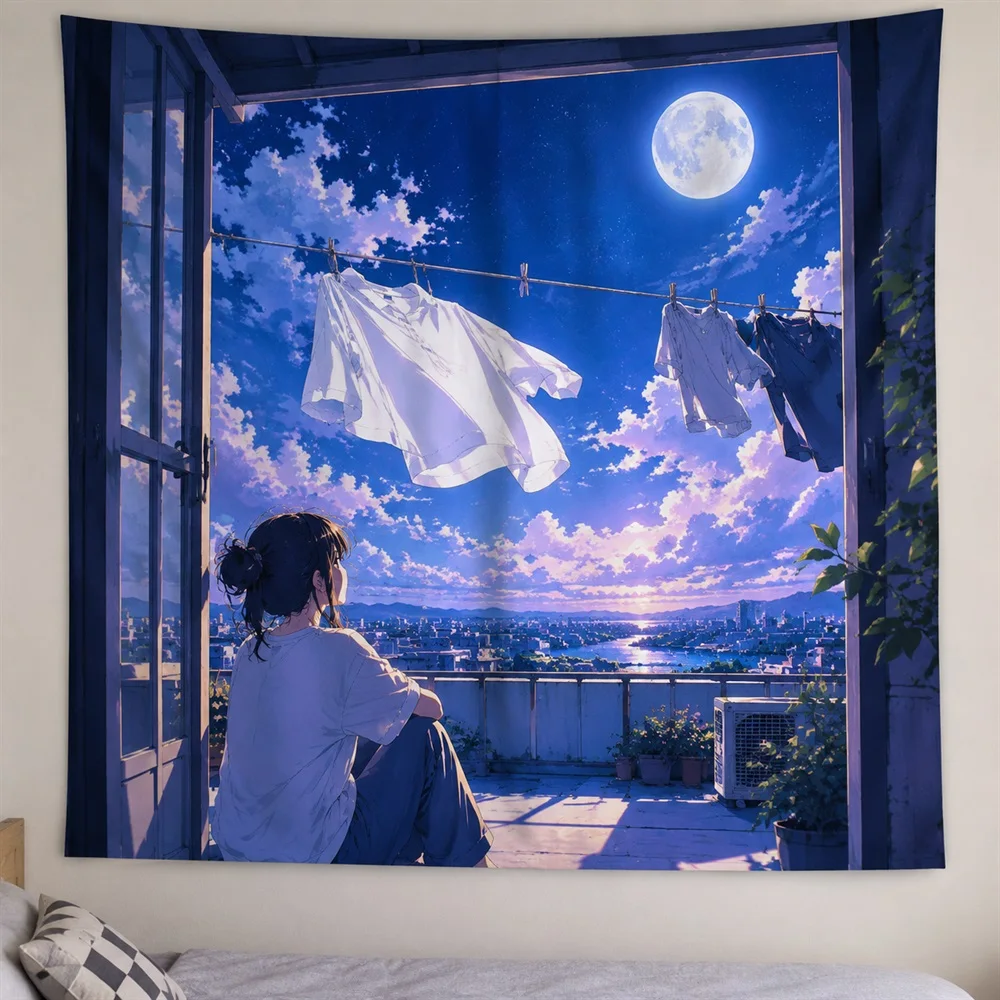 VIKAMA Rooftop Laundry Anime Tapestry Wall Hanging, Cinematic Anime Wall Decor Tapestries for Bedroom Living Room Study Dorm