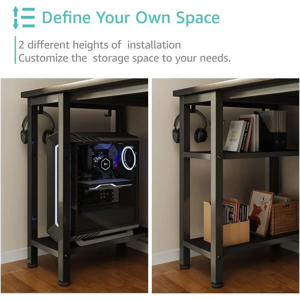 مكتب ألعاب أسود مُضاء بإضاءة LED مكون من 47 لونًا مع أدراج قماشية وأرفف تخزين ومنافذ طاقة