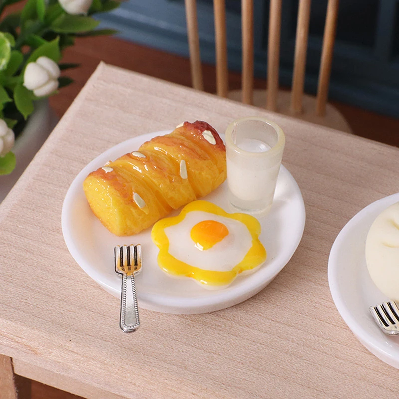 Mini petits pains cuits à la vapeur pour maison de poupée, ensemble de lait, pain aux œufs, Simulation de petit déjeuner, modèle alimentaire, décor de scène de cuisine, jouets de jeu, 1/12