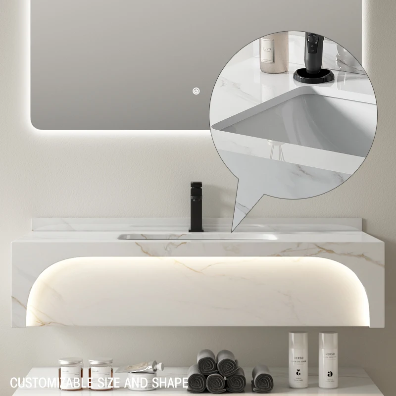 Bathroom CabinetFactory Custom Marble Stone Sink Ambient Lighting Double Layer Storage Surround LED Smart Mirror Wall Mounted Ba