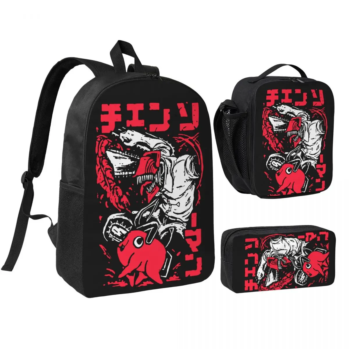 Denji And Poshita Red 3pecs/set Backpack for Student Chainsaw Man Canvas Bags Lunch bag Pencil Case