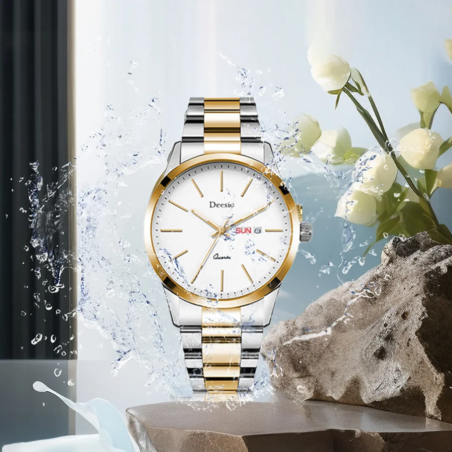 Deesio-Reloj de pulsera de cuarzo para hombre y mujer, cronógrafo de acero inoxidable con revestimiento de cristal, resistente al agua, movimiento japonés