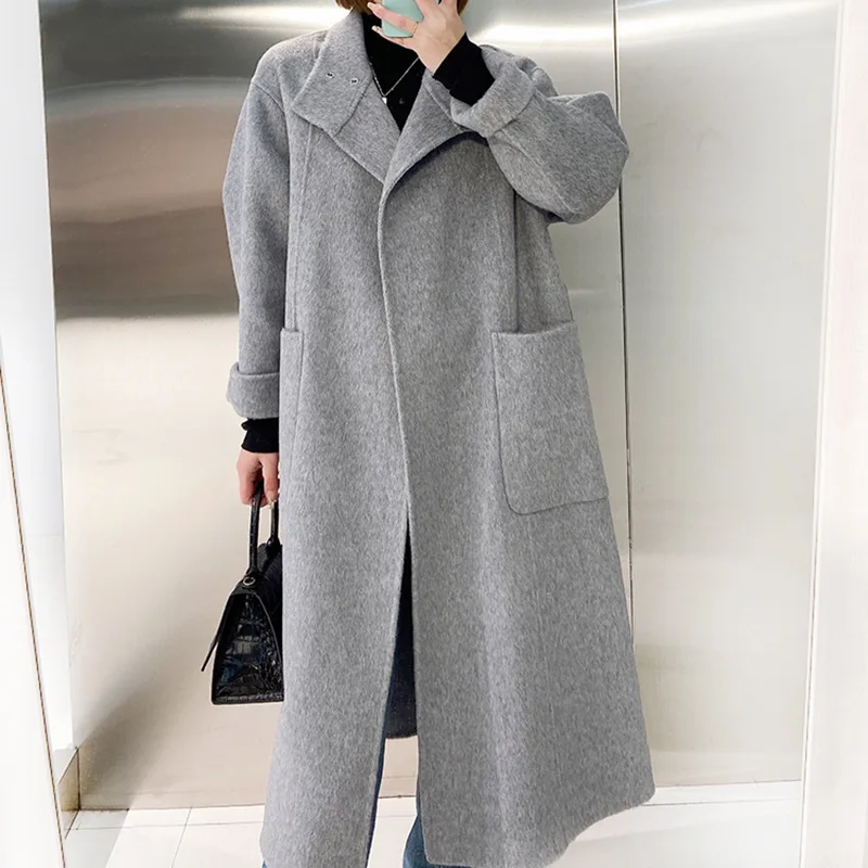 Spring Autumn Wool Loose Double-sided Wool Coat Women Solid Stand Collar Long Sleeve Vinage Confortable Tie Pocket Coat Female