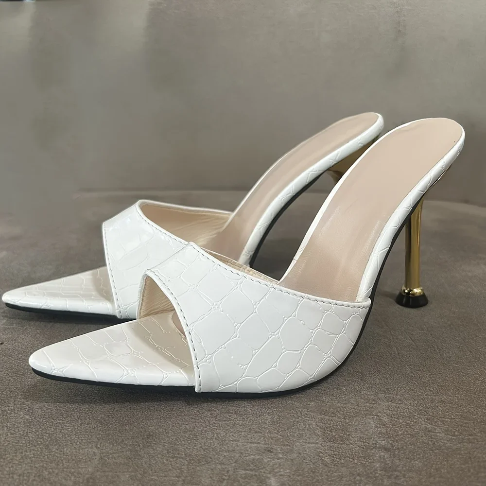 

Chic Slip-On Stilettos with Pointy Peep Toe for Fashion-Forward Parties Banquets Glamorous Crocodile Texture High Heel Sandals