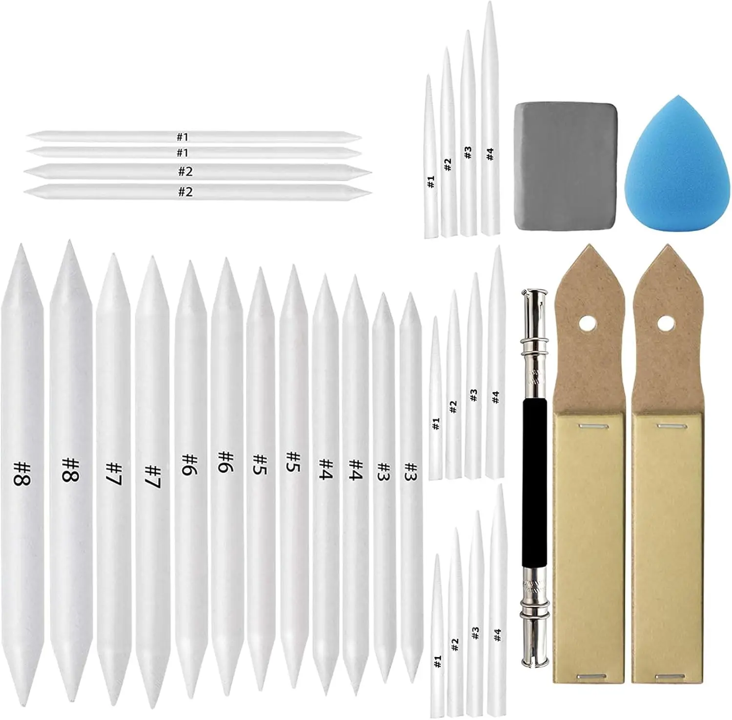 

33 Pcs Blending Stumps & Tortillions Set with Sandpaper Sharpener, Kneaded Eraser & Sponge for Charcoal Sketch Drawing