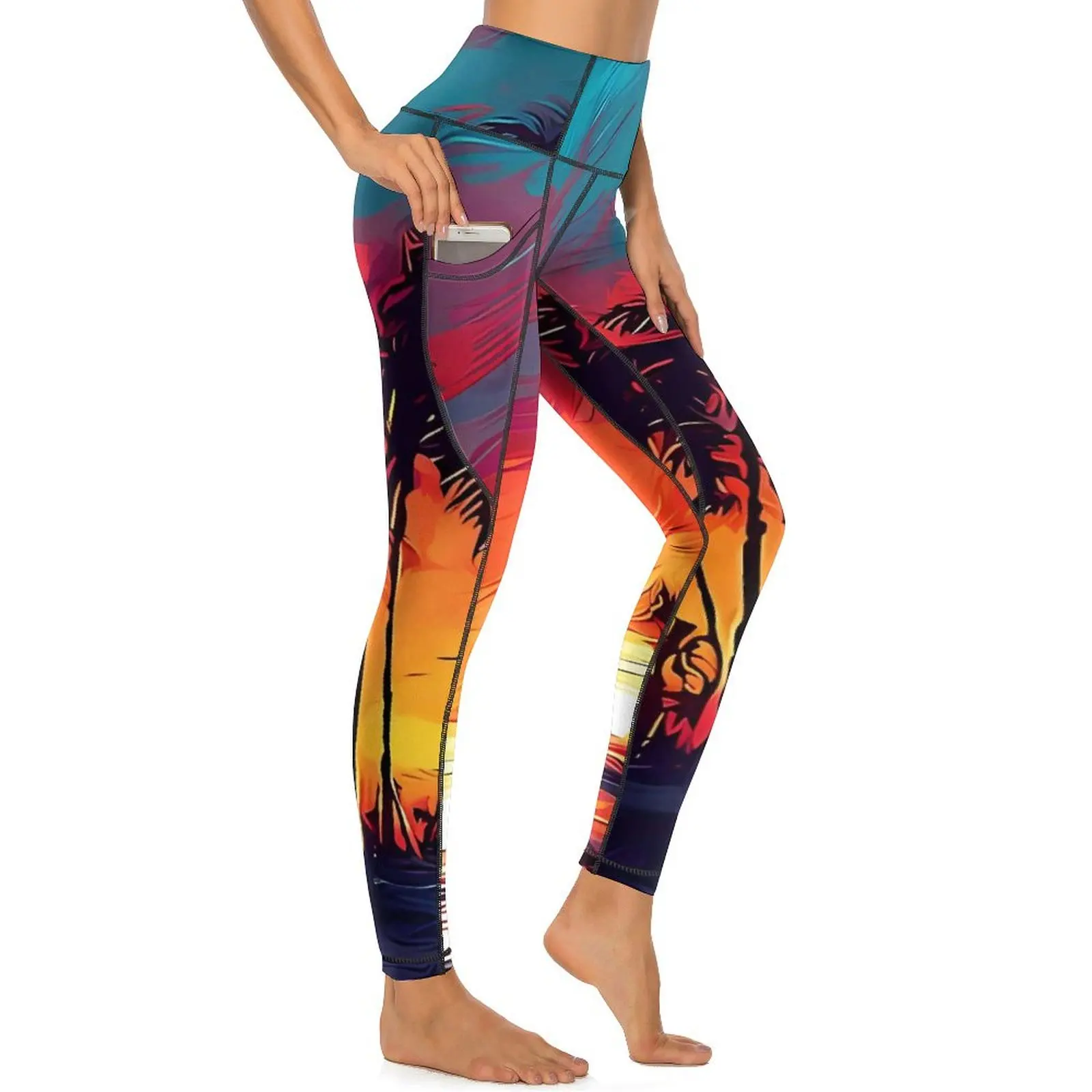 Sunset Palm Trees Leggings Sexy Colorful Art Fitness Yoga Pants High Waist Quick-Dry Sports Tights Pockets Retro Graphic Leggins