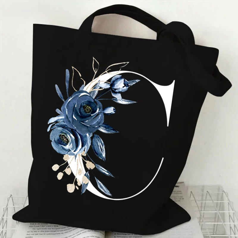 Sac à main de shopping pour femmes A-Z 26 Alphabet Floral Designer Sacs pour femmes 26 Initiales Fleurs Essentiel Toile Shopping Sacs fourre-tout