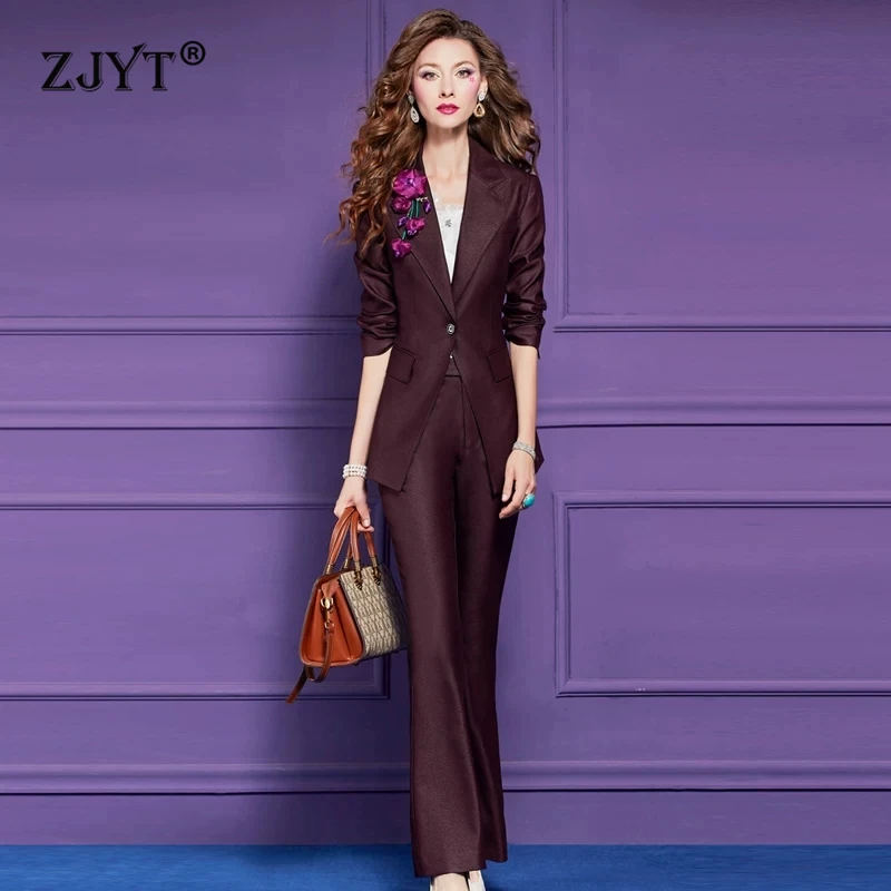 

Женский деловой костюм ZJYT: комплект из пиджака и брюк, 2 предмета, элегантный шикарный брючный костюм больших размеров