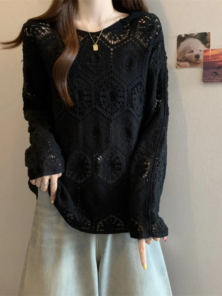 SMTHMA 한국 스타일 디자인 여성용 후드 레이스 탑 가을 게으른 느슨한 자외선 차단 긴팔 탑