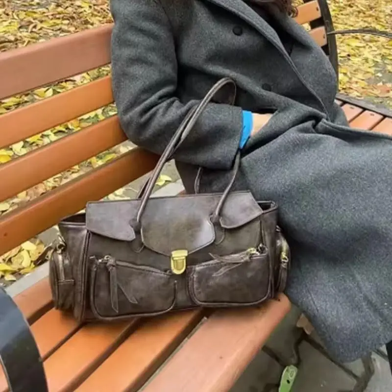 

SHELKSBAG Осенне-зимняя ретро-сумка-тоут из искусственной кожи с множеством карманов, женская многофункциональная сумка через плечо Y2K большой вместимости