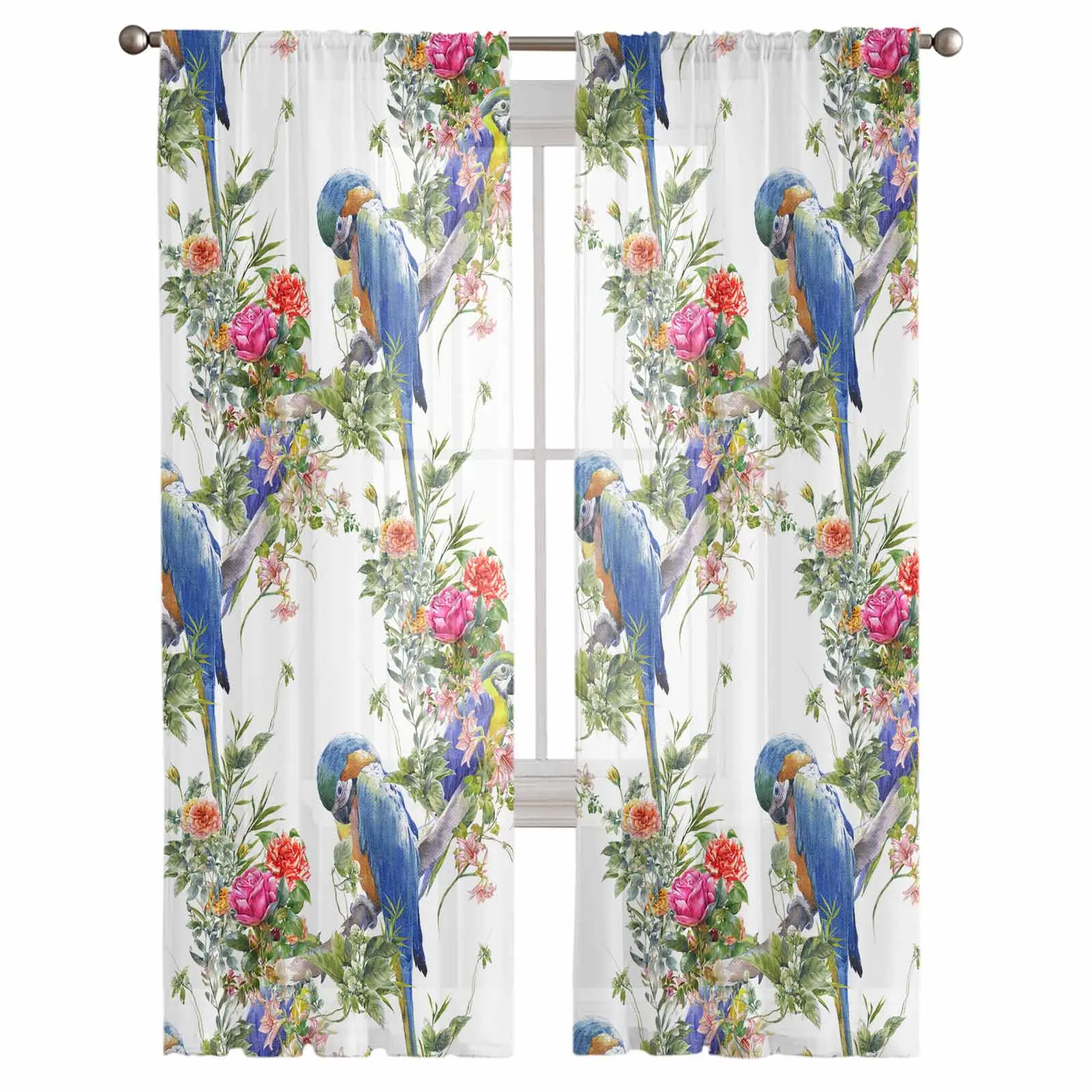 Watercolor Hand-Painted Flower Parrot Retro Window Treatment Tulle Modern Sheer Curtains for Kitchen Living Room Curtains Decor