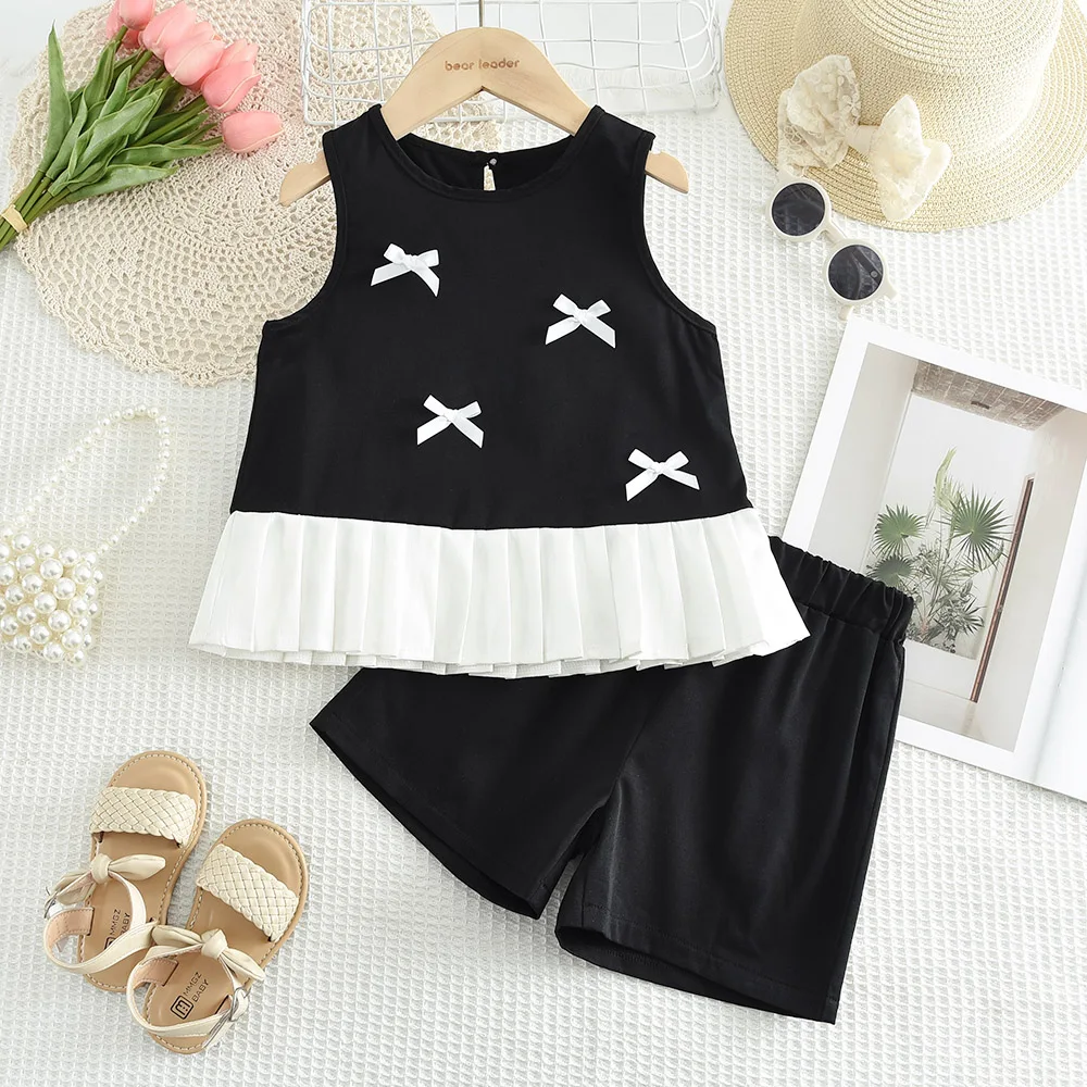 Summer Promotion Black and White Fashion Suit Bow Lace Vest+shorts Two-piece Set Korean Version