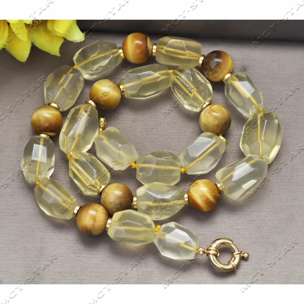 Z13781 22" 23mm Natural Faceted Cube Lemon Crystal Topaz Round Tiger's-eye Necklace Custom Jewelry
