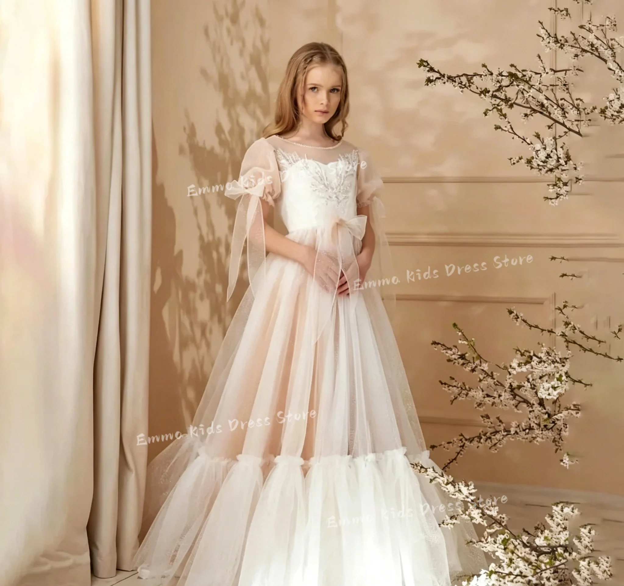 

Роскошные тюлевые платья для девочек с бантом и кружевом, длиной в пол, А-силуэт, на заказ, для выпускного, фотосессии, бала, свадьбы, детские наряды