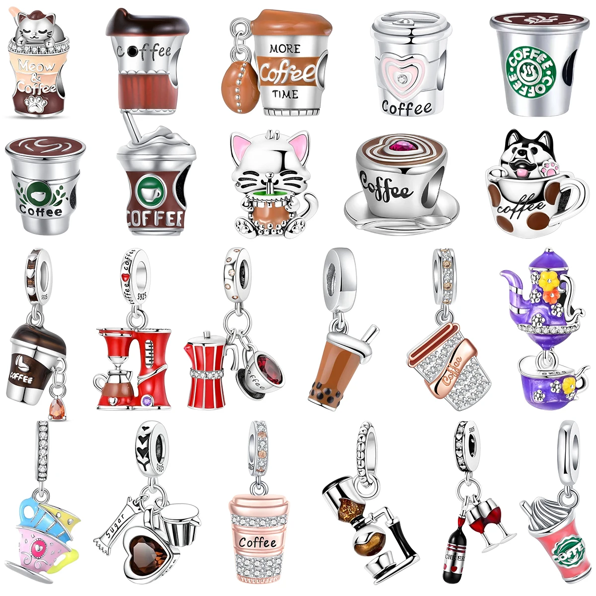 925 Sterling Silver Coffee Theme Charms Latte Cup Cat Husky Teapot Wine Bubble Tea Crystal Bead Fit Bracelet DIY Fashion Jewelry